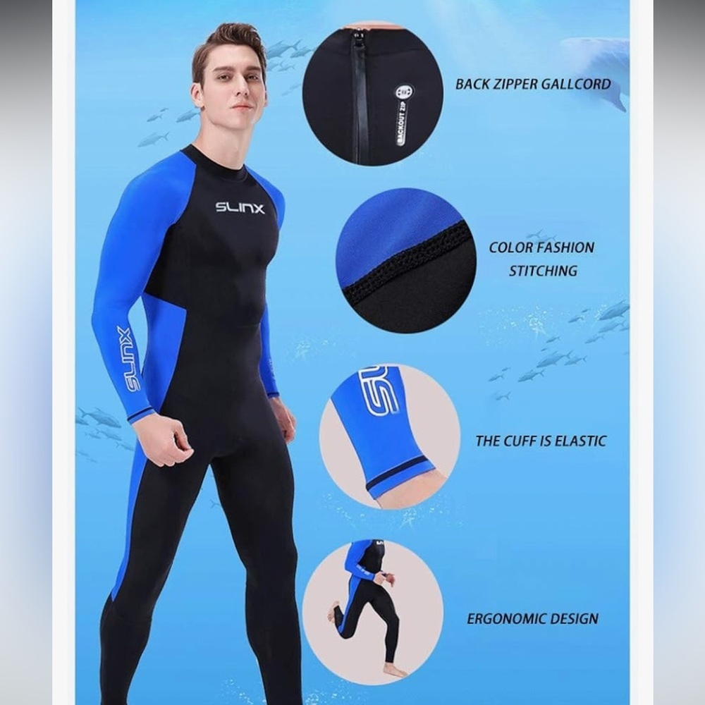 SLINX Full Body Dive Skin Rash Guard Wetsuit US Small Black Blue Stirrups - Picture 3 of 14